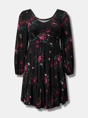 Torrid Mini Super Soft Tiered Skater Dress Black Floral Long Sleeve Pockets 5X